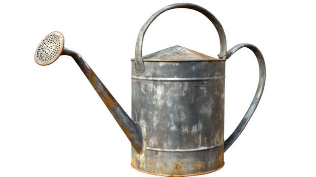An old-fashioned metal watering can with a curved spout, symbolizing care for plants and nature, isolated on a transparent background