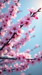 Obraz premium Delicate pink cherry blossoms dusted with snow, spring sky , flora, cherry blossoms