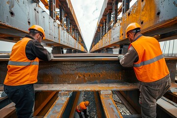 Engineers inspecting a steel beam structure for a bridge project while working with heavy machinery and vehicles