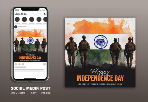 Happy Independence Day Social Media Post with Indian Soldiers and National Flag Splash Background, Editable Design.