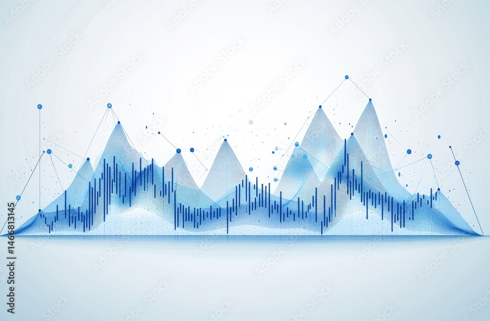 Wall mural abstract data visualization, showing a landscape of blue, interconnected, complex bar graphs and lin