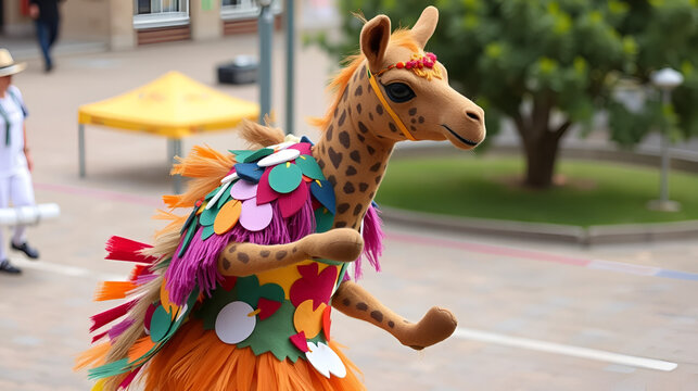 El danzante tiene un traje de piezas de animales muy llamativo.