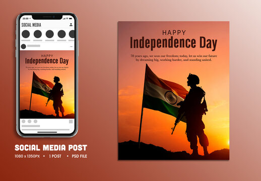 Happy Independence Day Social Media Post with Silhouette Indian Soldier in Front of National Flag at Sunset, Editable Design.