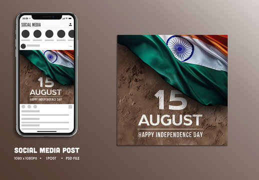 Happy Independence Day Social Media Post with India National Flag, Editable Design.