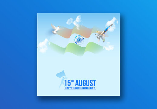 15th August, Independence Day Social Media Post with National Flag, Fighter Plane and Dove in the Sunshine Sky, Editable Design.