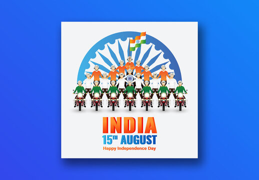 15th August, Independence Day Social Media Post with Illustration of Pyramid Stunt Motorbike Rider Holding National Flag Against Ashoka Chakra Background, Editable Design.