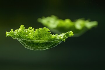 Fresh Lettuce Leaf Floating in Water Close Up Macro Shot Green Background Healthy Food Ingredient Salad Preparation