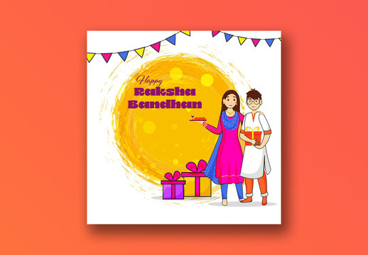 Happy Raksha Bandhan Social Media Post with Illustration of Sibling Holding Worship Plate and Gifts, Editable Design.