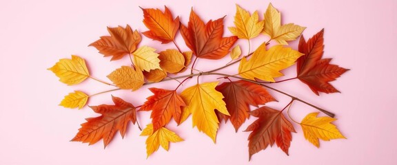 Obraz premium Pastel pink background, dried autumn leaves arranged in a serene flat lay , pink, simple