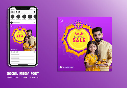 Raksha Bandhan Social Media Sale Post with Happy Sibling Holding a Delicious Food for Advertising Festival or Event, Editable Design.