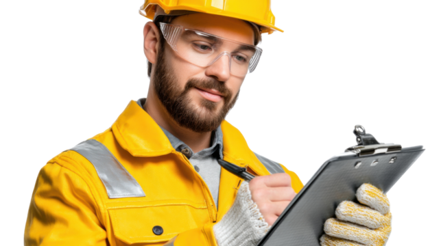 Workplace Precision: A focused construction worker, complete with protective gear, meticulously documents details on a clipboard, embodying dedication and safety in his craft. 