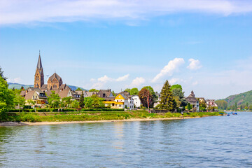 Cityscape of Spay with St. Lambertuskirche (St. Lambert's Church) along the Rhine, Germany
