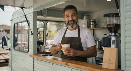 Man in apron serves coffee from food truck smiling at the camera.