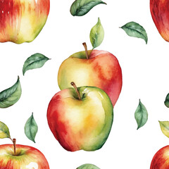  Seamless Watercolor Apple Pattern on White Background.