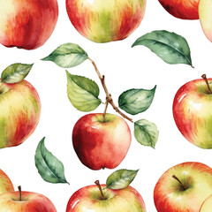  Seamless Watercolor Apple Pattern on White Background.