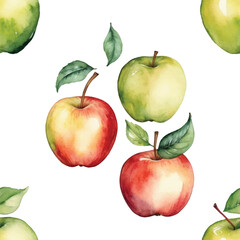  Seamless Watercolor Apple Pattern on White Background.