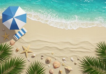 Naklejka premium From a high angle, a tropical beach is depicted with turquoise water, a sandy shore adorned with seashells and a starfish, accented by a blue and white umbrella, chair, and palm leaves