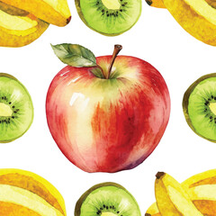  Seamless Watercolor Apple Pattern on White Background.