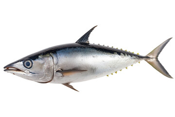Fototapeta premium Sleek silver tuna poised in stark black ready for the oceans embrace