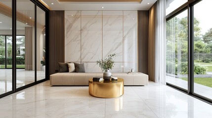 Elegant luxury home interior with high-gloss gold table modern living room serene atmosphere chic design