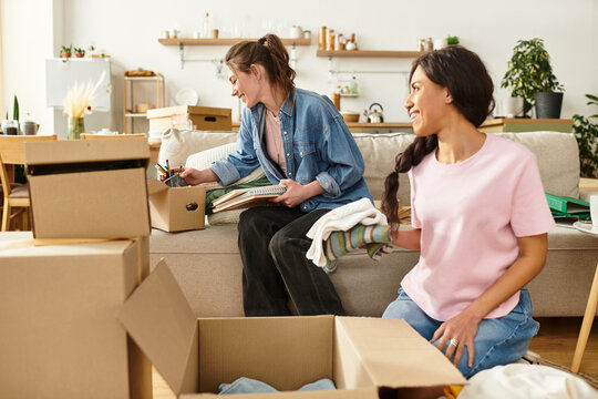 Loving couple enjoying a cozy moment while organizing their home together