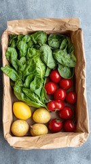 Fresh Produce Displayed in Brown Paper Box Overhead Shot Featuring Spinach Tomatoes Potatoes and Lemon