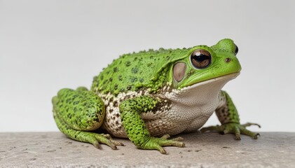 Fototapeta premium A lone toad, vibrant green skin, sits on a pure white background , white background, slimy