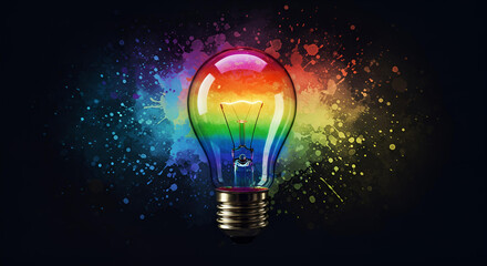 Light bulb on black background with rainbow color splash