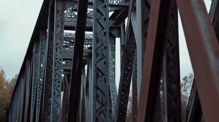 A close-up capture of the slatted metal structure of a steel bridge, highlighting its architectural design and sturdy supports, with room for copy space. 