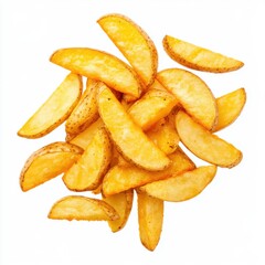 Pile of golden potato wedges on white background studio shot overhead view featuring crispy texture and appetizing appearance for food photography