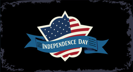 Vintage Independence day of USA logo with shield, stars and blue ribbon perfect for greeting card, background with stars and stripes American national flag. Vector illustration