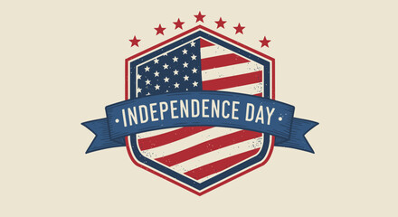 Vintage Independence day of USA logo with shield, stars and blue ribbon perfect for greeting card, background with stars and stripes American national flag. Vector illustration
