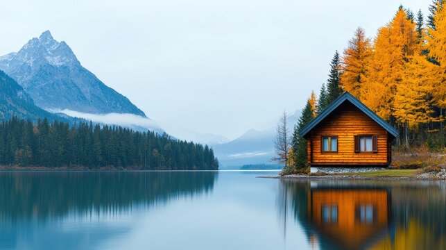 Cozy wooden cabin reflecting in serene mountain lake at dawn during autumn