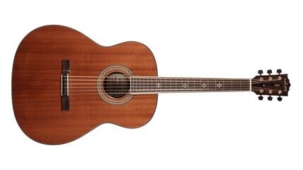 Spanish Acoustic Guitar Isolated on White Background, Classic Design with Wooden Body and Rich Strings, Close-Up of Guitar Details