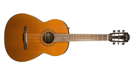 Spanish Acoustic Guitar Isolated on White Background, Classic Design with Wooden Body and Rich Strings, Close-Up of Guitar Details