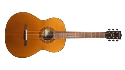 Obraz premium Spanish Acoustic Guitar Isolated on White Background, Classic Design with Wooden Body and Rich Strings, Close-Up of Guitar Details
