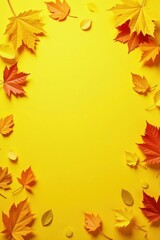 Bright yellow and orange leaves scattered on sunny yellow background, leaves, season