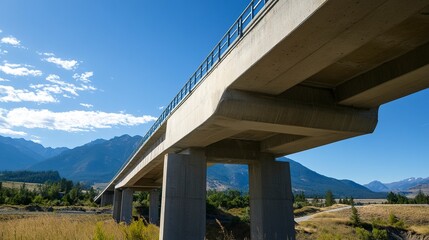 A concrete bridge with reinforced girders, its clean, geometric structure highlighted against a backdrop of mountains and open skies. 