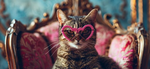 Funny Cute Cat Wearing Pink Heart-Shaped Glasses Sitting on a Throne