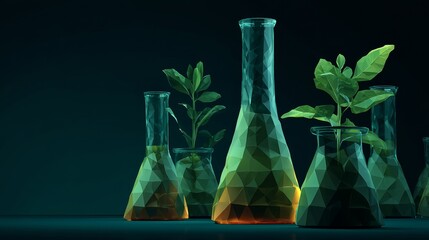 Low-poly glowing laboratory flasks with green plants on a dark background visualize futuristic eco-technology and sustainable science in 3D vector style.