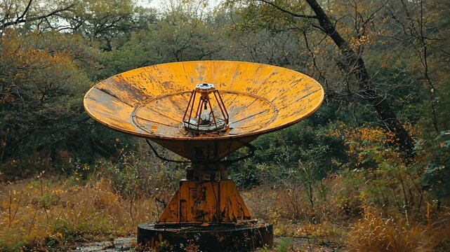 Abandoned radio telescope in autumnal woods
