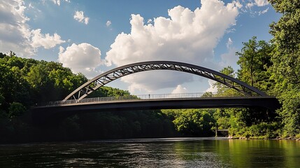 Obraz premium A curved steel structure bridge, its deck suspended elegantly by two main arches, creating a perfect blend of function and modern design. 