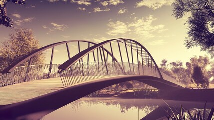 Obraz premium A curved steel structure bridge, its deck suspended elegantly by two main arches, creating a perfect blend of function and modern design. 