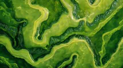 Fototapeta premium Macro view of green algae patterns in water, ideal for biology and microbiology learning visuals.
