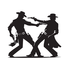 Gunfighter Duel Vector Silhouette, Western Standoff, High Noon Showdown, Wild West Face-Off, Cowboy Tension, Frontier Justice, Classic Western Clash.