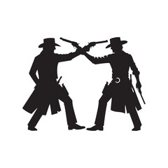 Gunfighter Duel Vector Silhouette, Western Standoff, High Noon Showdown, Wild West Face-Off, Cowboy Tension, Frontier Justice, Classic Western Clash.