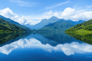 Naklejka premium Serene mountain lake reflecting dramatic clouds and lush greenery