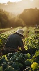A farmer tending a vibrant vegetable garden at golden hour