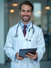 Doctor holding tablet, wearing white coat and stethoscope, engaged in virtual consultation. background is blurred, creating professional atmosphere