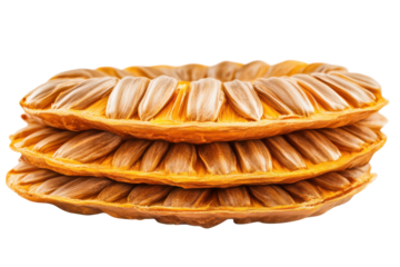 Stacked ripe jackfruit segments reveal seeds in a yelloworange pulpy nest against a solid white backdrop